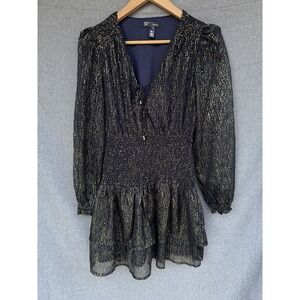 Aqua Metallic Puff Sleeve Mini Dress Small Navy Blue Gold Dot NYE‎ Smocked